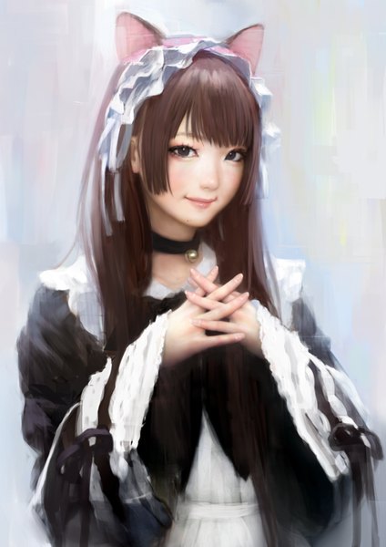 Anime picture 748x1059 with original mujiha (mlog) single long hair tall image looking at viewer blush fringe smile brown hair animal ears black eyes cat ears maid girl uniform ribbon (ribbons) headdress maid headdress apron