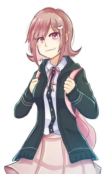 Anime picture 1024x1700 with dangan ronpa super dangan ronpa 2 nanami chiaki mikukozuki99 single tall image looking at viewer short hair smile pink hair pink eyes light smile character names text transparent background english girl skirt hairclip hood