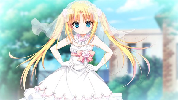 Anime picture 1024x576 with mirai senki slavenil long hair blue eyes blonde hair wide image twintails game cg loli wedding girl dress gloves wedding dress wedding veil
