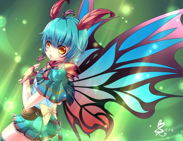 Anime picture 990x765 with heroes of the storm blizzard entertainment brightwing blackrabbit0626 single looking at viewer blush short hair yellow eyes aqua hair insect wings butterfly wings girl skirt gloves wings fingerless gloves clothes