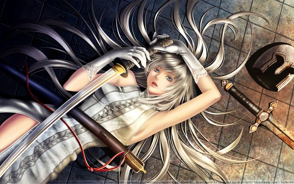 Anime picture 1920x1200 with alenas trofikabinet hayabusa yuki single long hair highres open mouth blue eyes wide image silver hair lying armpit (armpits) girl dress gloves weapon sword katana sheath helmet