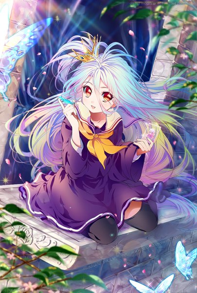 Anime picture 709x1049 with no game no life madhouse shiro (no game no life) kaze-hime long hair tall image looking at viewer open mouth hair between eyes red eyes sitting blue hair purple hair bent knee (knees) white hair :d multicolored hair wind one side up kneeling
