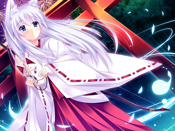Anime picture 800x600 with original roshin single long hair blue eyes animal ears looking away white hair traditional clothes japanese clothes fox ears fox girl miko girl skirt petals mask red skirt torii fox mask