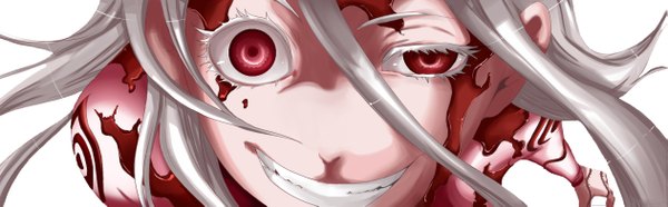 Anime picture 1261x393 with deadman wonderland shiro (deadman wonderland) single long hair looking at viewer red eyes wide image white background white hair grin close-up girl blood