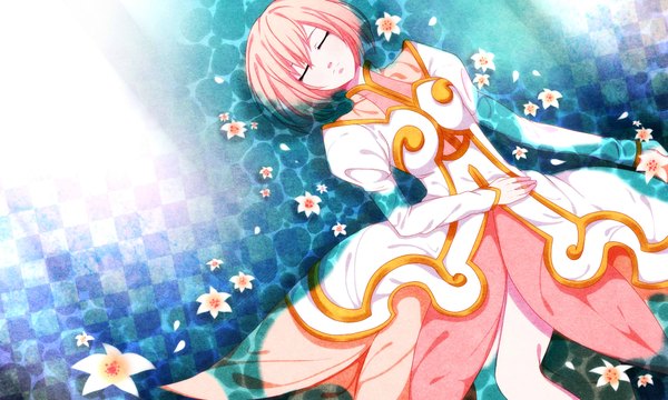 Anime picture 2000x1200 with tales of (series) tales of vesperia estellise sidos heurassein seishiki (artist) single highres short hair smile wide image pink hair lying sleeping girl dress flower (flowers) petals water water lily