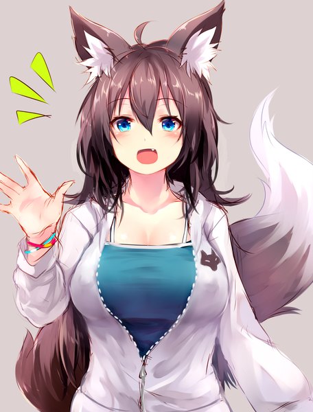 Anime picture 1000x1316 with original suke single long hair tall image looking at viewer blush fringe open mouth simple background smile hair between eyes brown hair animal ears upper body ahoge tail animal tail grey background fang (fangs)