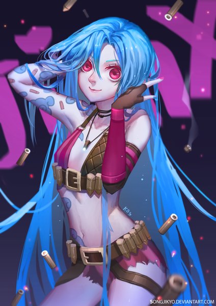 Anime picture 620x877 with league of legends jinx (league of legends) songjikyo single tall image looking at viewer fringe light erotic smile hair between eyes bare shoulders signed blue hair cloud (clouds) very long hair pink eyes bare belly bare legs tattoo character names
