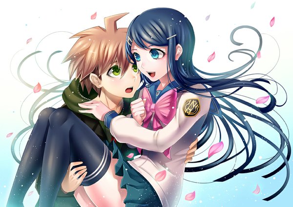 Anime picture 1000x707 with dangan ronpa maizono sayaka naegi makoto matsurika youko long hair short hair open mouth blue eyes brown hair green eyes blue hair couple carrying princess carry girl thighhighs boy skirt uniform black thighhighs