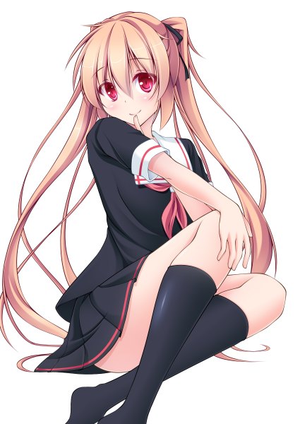 Anime picture 850x1200 with kantai collection murasame destroyer narukami ginryuu wata (akawata) single tall image looking at viewer blush light erotic simple background smile red eyes brown hair white background twintails very long hair girl skirt miniskirt socks