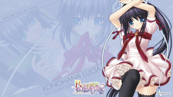 Anime picture 1920x1080 with rewrite konohana lucia na-ga single long hair blush highres blue eyes black hair wide image ponytail girl thighhighs uniform black thighhighs school uniform