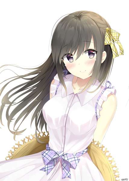 Anime picture 1020x1431 with original arupisu (shintea) single long hair tall image looking at viewer blush black hair simple background smile white background purple eyes from above wind hands behind back hat removed girl dress ribbon (ribbons) hair ribbon