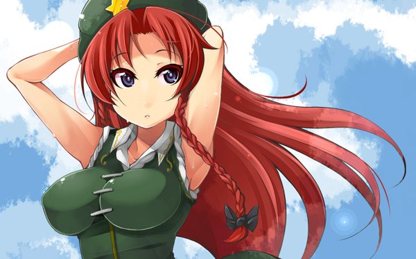 Anime picture 1252x780 with touhou hong meiling shachi kamaboko single long hair breasts blue eyes light erotic wide image large breasts bare shoulders red hair braid (braids) armpit (armpits) girl