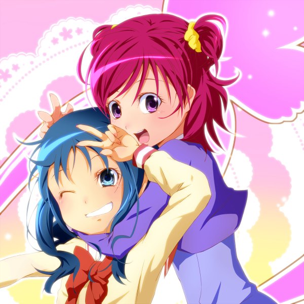 Anime picture 1200x1200 with precure heartcatch precure! toei animation kurumi erika yumehara nozomi keito (kandnext) long hair short hair open mouth blue eyes smile purple eyes multiple girls blue hair red hair two side up grin victory happy girl