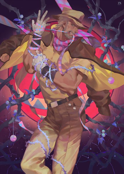 Anime picture 800x1123 with jojo no kimyou na bouken joseph joestar hermit purple coralstone single tall image short hair blue eyes holding bent knee (knees) profile grey hair mouth hold ribbon in mouth constellation stand (jojo) boy gloves ribbon (ribbons) hat