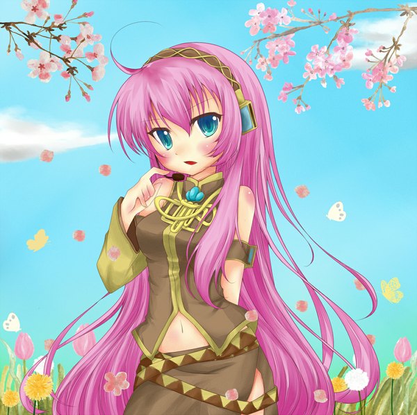 Anime picture 1196x1193 with vocaloid megurine luka suishou anzu (artist) single long hair blush blue eyes bare shoulders pink hair loli cherry blossoms girl detached sleeves petals headphones