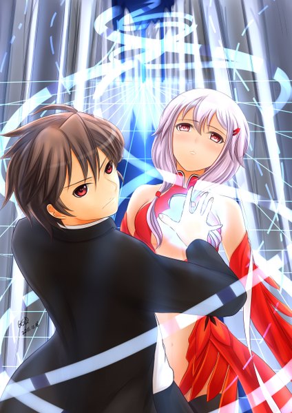 Anime picture 1767x2500 with guilty crown production i.g yuzuriha inori ouma shu gsq long hair tall image looking at viewer blush highres short hair black hair red eyes pink hair looking back couple girl boy navel uniform