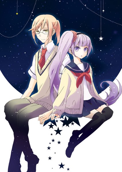 Anime picture 1255x1771 with tales of graces sophie (tales) richard (tales) long hair tall image short hair blonde hair sitting twintails purple eyes yellow eyes purple hair ponytail side ponytail girl thighhighs boy skirt black thighhighs glasses
