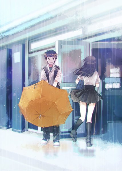 Anime picture 1000x1403 with original tagme (artist) long hair tall image short hair black hair simple background brown hair standing holding brown eyes bent knee (knees) from behind wet back rain running girl boy uniform