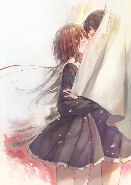 Anime picture 2480x3508 with flowers (innocent grey) innocent grey shirahane suou kousaka mayuri kobuta long hair tall image blush highres short hair black hair brown hair standing multiple girls eyes closed wind shoujo ai kiss girl dress