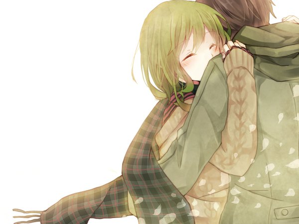 Anime picture 1500x1125 with vocaloid gumi hina (pico) blush short hair brown hair white background eyes closed green hair couple hug girl boy petals scarf