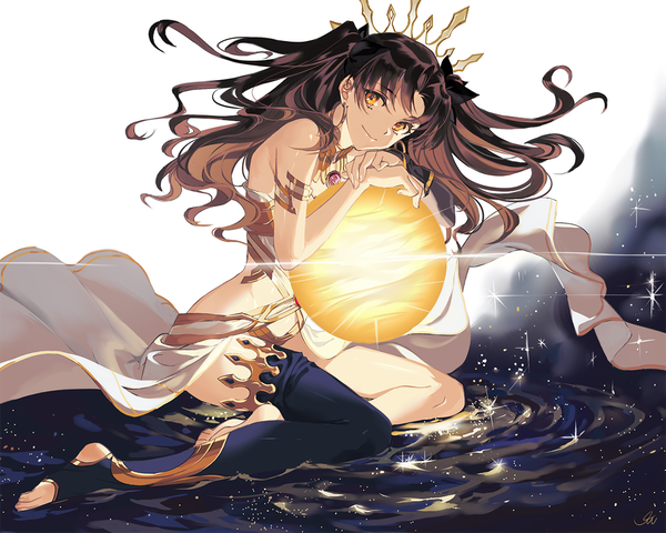 Anime picture 1200x961 with fate (series) fate/grand order ishtar (fate) 9sui single long hair looking at viewer light erotic simple background smile brown hair white background sitting yellow eyes sparkle leaning two side up leaning forward floating hair wavy hair