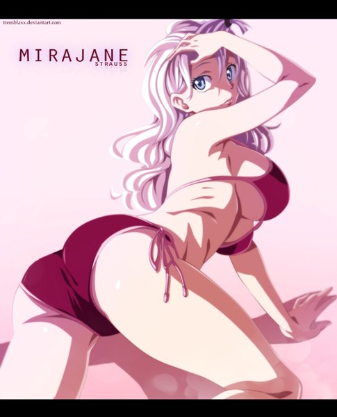 Anime picture 1000x1238 with fairy tail mirajane strauss tremblax single long hair tall image breasts blue eyes light erotic large breasts silver hair looking back inscription coloring letterboxed pink background girl swimsuit bikini