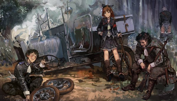 Anime picture 1427x817 with original pixiv fantasia pixiv fantasia new world hjl long hair blush short hair black hair brown hair wide image sitting girl boy skirt uniform plant (plants) tree (trees) gun bag military uniform