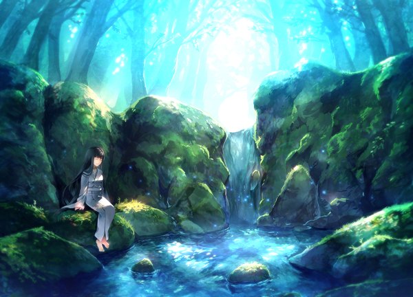 Anime picture 1750x1260 with sunakumo single long hair highres black hair sitting eyes closed traditional clothes japanese clothes barefoot river waterfall girl plant (plants) tree (trees) water kimono forest