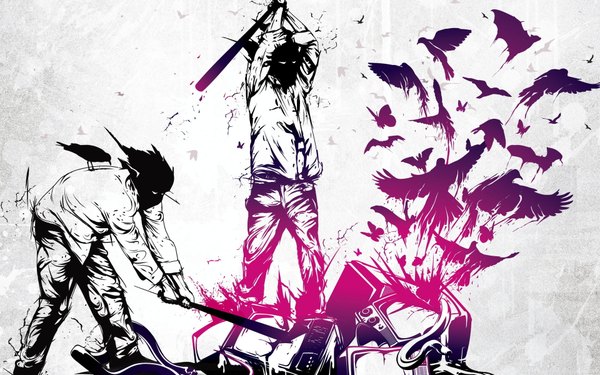 Anime picture 1920x1200 with three days grace tagme (artist) highres wide image grey background monochrome cover album cover boy animal shirt bird (birds) crow television baseball bat
