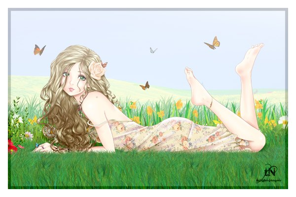 Anime picture 3000x2000 with original martina (thenightwishmaster) thenightwishmaster single long hair looking at viewer highres blonde hair green eyes signed lying barefoot hair flower lips wavy hair framed girl dress hair ornament flower (flowers)