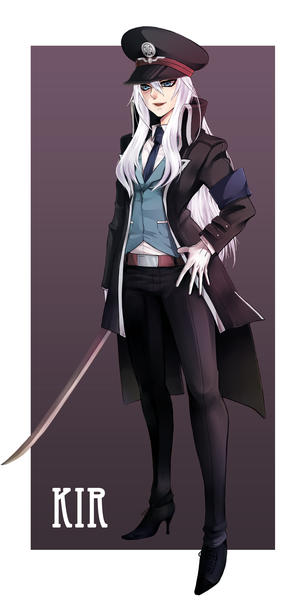 Anime picture 2000x3900 with original teebohne single long hair tall image highres open mouth blue eyes simple background white hair inscription girl gloves weapon sword necktie belt vest coat peaked cap