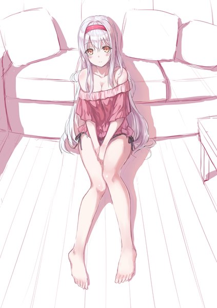 Anime picture 1000x1419 with kantai collection shoukaku aircraft carrier hiten (hitenkei) single long hair tall image looking at viewer blush fringe breasts large breasts sitting bare shoulders brown eyes cleavage silver hair full body bent knee (knees) no bra bare legs