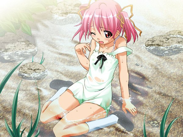 Anime picture 1024x768 with anonono tooyama kokoro single open mouth red eyes sitting twintails pink hair game cg one eye closed off shoulder arm support wet loli wariza short twintails girl ribbon (ribbons) water socks
