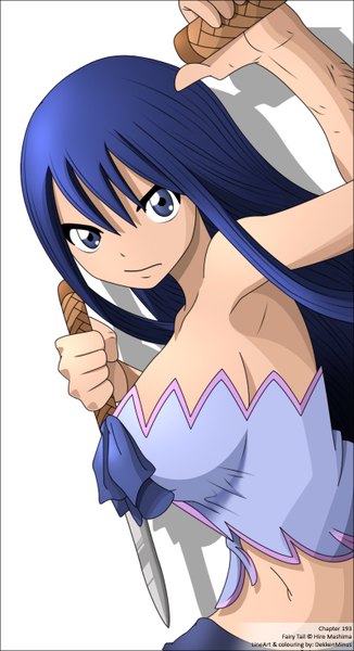 Anime picture 800x1471 with fairy tail wendy (edolas) dekkenminus single long hair tall image blue eyes simple background white background blue hair shadow armpit (armpits) midriff coloring girl navel weapon knife