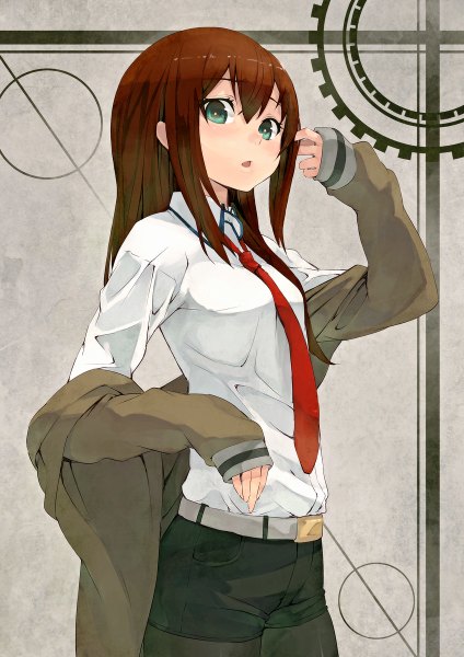 Anime picture 848x1200 with steins;gate white fox makise kurisu risou (maeda risou) single long hair tall image looking at viewer blush open mouth brown hair green eyes girl shirt necktie shorts white shirt