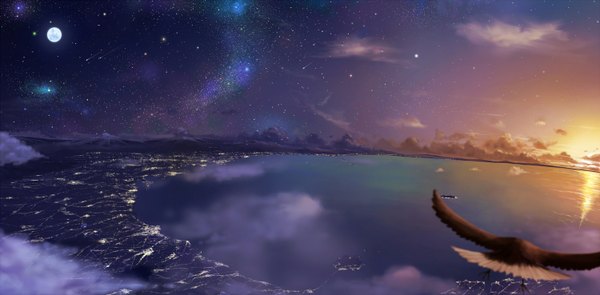 Anime picture 1500x738 with original pei (sumurai) wide image cloud (clouds) night night sky evening sunset mountain landscape animal water sea bird (birds) moon star (stars) full moon