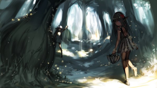 Anime picture 1536x864 with original observerz long hair black hair wide image purple eyes multiple girls looking back barefoot pointy ears light elf girl 2 girls plant (plants) tree (trees)