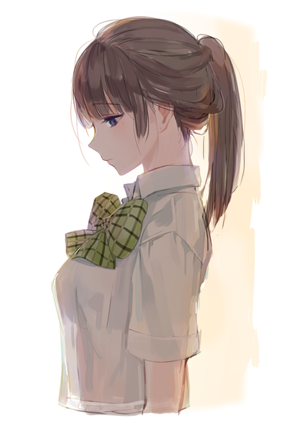 Anime picture 607x891 with original tyuh (pixiv) single long hair tall image fringe blue eyes simple background brown hair white background looking away ponytail close-up see-through silhouette girl uniform bow school uniform shirt