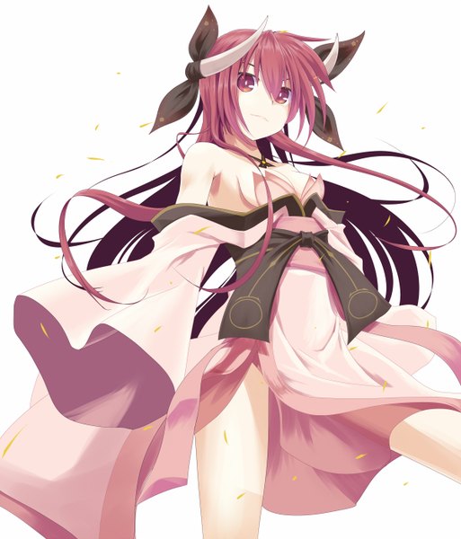 Anime picture 1200x1402 with date a live itsuka kotori hujikok single long hair tall image light erotic red eyes white background bare shoulders red hair horn (horns) girl dress detached sleeves petals