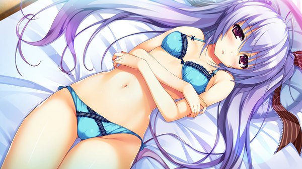 Anime picture 2560x1440 with reminiscence shimazu aki tomose shunsaku long hair blush highres light erotic red eyes wide image twintails game cg silver hair underwear only girl underwear panties