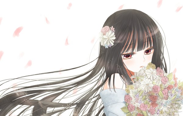Anime picture 1000x637 with original hiroharu single long hair black hair simple background red eyes white background hair flower girl hair ornament flower (flowers) petals bouquet
