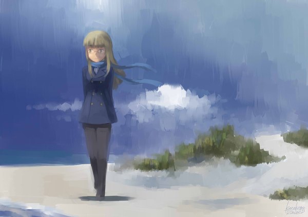 Anime picture 1280x905 with strike witches perrine h clostermann kanokoga single long hair fringe blonde hair signed looking away sky cloud (clouds) wind shadow grey eyes beach hands behind back walking girl plant (plants) glasses