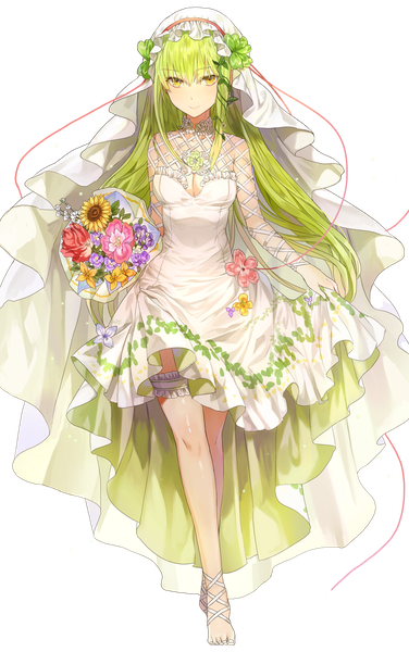 Anime picture 1000x1594 with original kim eb single long hair tall image looking at viewer fringe smile hair between eyes holding yellow eyes payot cleavage full body barefoot hair flower green hair shiny skin transparent background walking