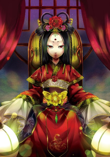 Anime picture 1000x1417 with original sakuryuugai (artist) single long hair tall image looking at viewer black hair red eyes sitting long sleeves traditional clothes hair flower lipstick girl hair ornament star (stars) armchair