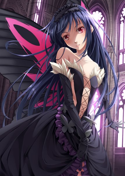 Anime picture 907x1268 with accel world sunrise (studio) kuroyukihime mukunokino isshiki single long hair tall image looking at viewer red eyes bare shoulders blue hair insect wings butterfly wings girl dress gloves wings elbow gloves headdress
