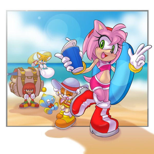 Anime picture 1500x1500 with sonic (series) amy rose cream (character) knuckles miles prower cream the rabbit blue eyes smile green eyes beach gloves swimsuit hat sea backpack swim ring beach umbrella