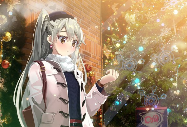 Anime picture 1024x700 with kantai collection amatsukaze destroyer yahako single long hair blush fringe hair between eyes brown eyes looking away upper body outdoors grey hair open clothes sparkle two side up alternate costume snowing winter exhalation