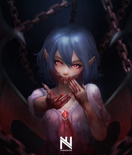 Anime picture 1920x2259 with touhou remilia scarlet nearesven single tall image looking at viewer fringe highres short hair hair between eyes red eyes signed blue hair fingernails pointy ears fang (fangs) long fingernails slit pupils outstretched hand blood on face