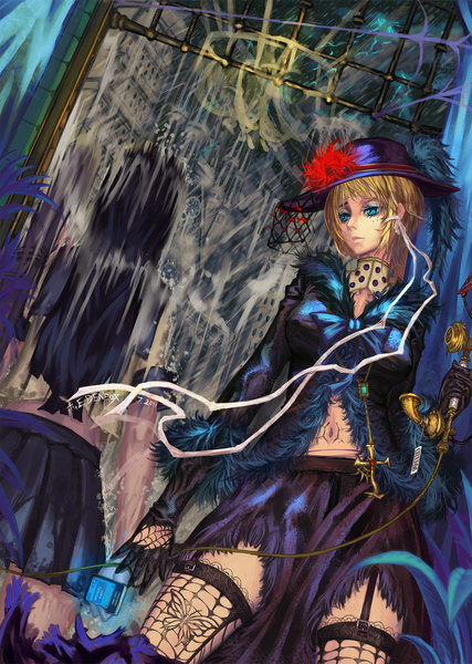 Anime picture 1200x1685 with edenfox tall image short hair blue eyes blonde hair tattoo girl thighhighs ribbon (ribbons) hat cross phone
