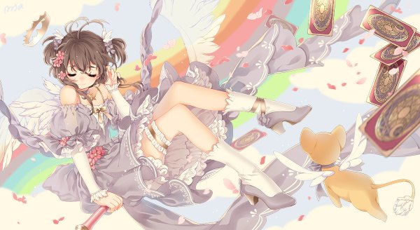 Anime picture 1200x656 with card captor sakura clamp kinomoto sakura mia0309 single short hair brown hair wide image eyes closed two side up girl dress detached sleeves petals wings socks frills white socks card (cards) rainbow